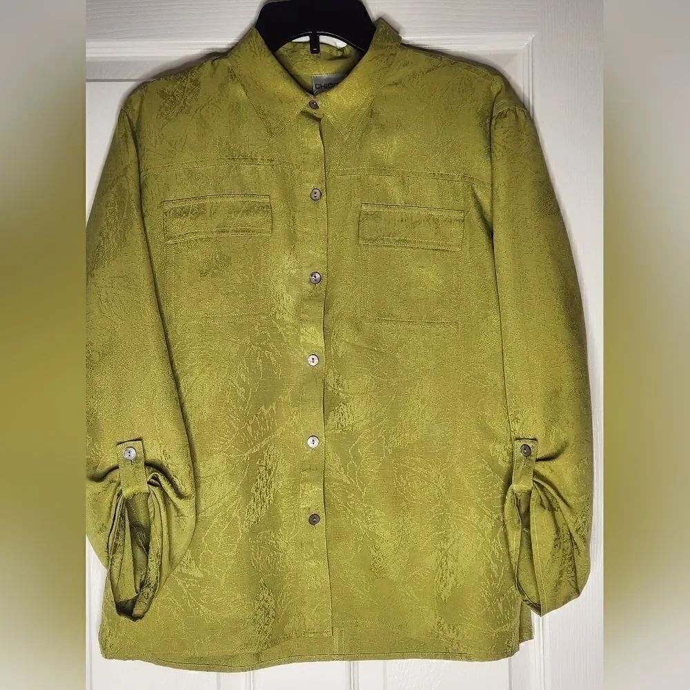 Chico's 1 100% Silk MustardGreen LeafsPrintRolltabSlv ButtonUp Women's Top Shirt